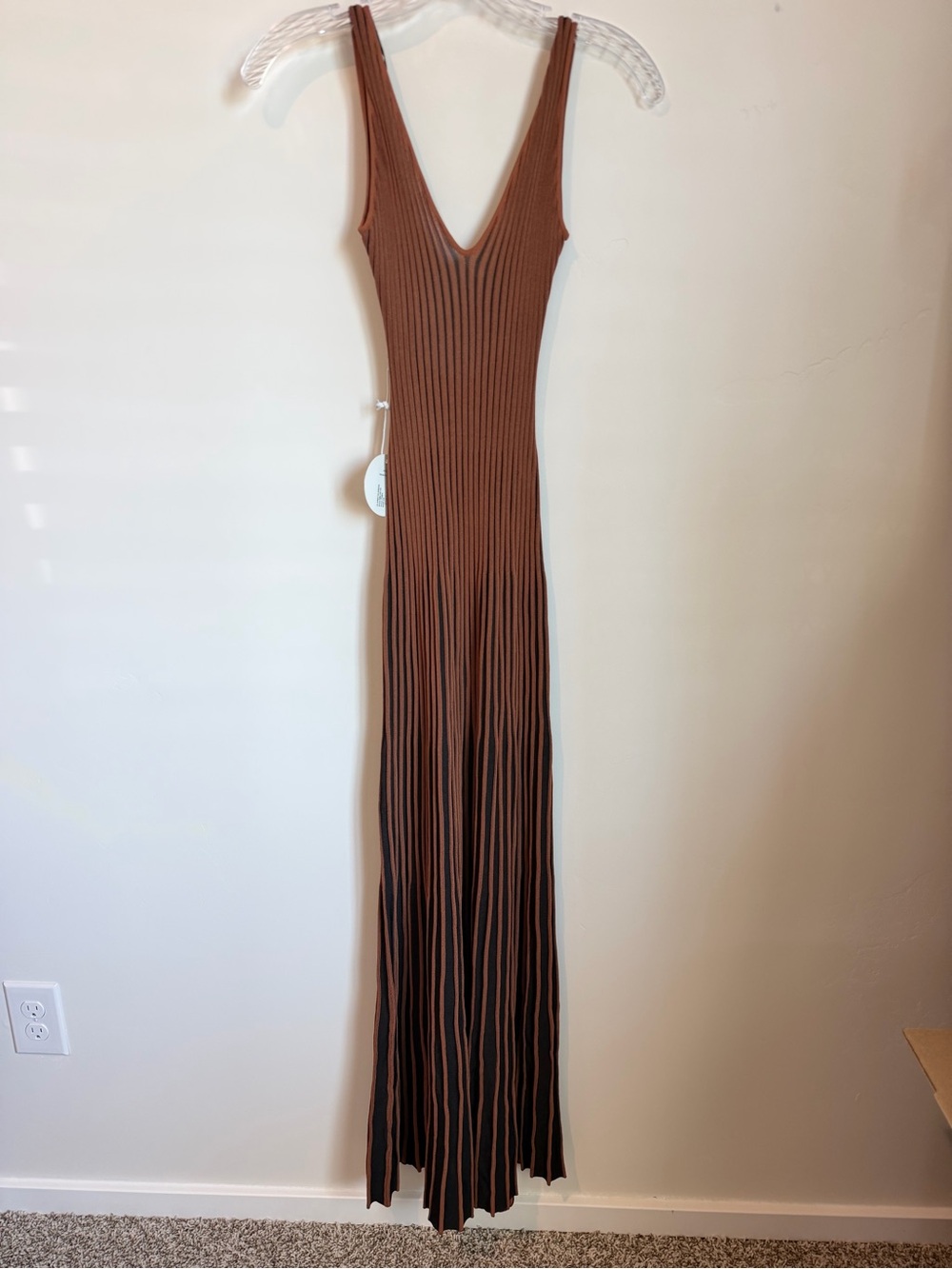 STAUD Ribbed V-Neck Maxi Dress in Brown